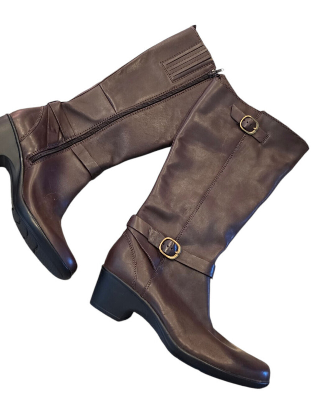 CLARKS Brown Leather Malia Poplar Knee High Riding Boots Size 8.5M Buckles